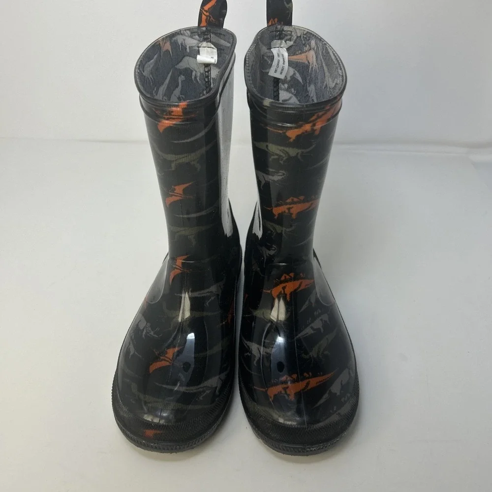 Capelli New York Boys Dinosaur‎ Rain Boots Size 3 Kids Black Orange Waterproof